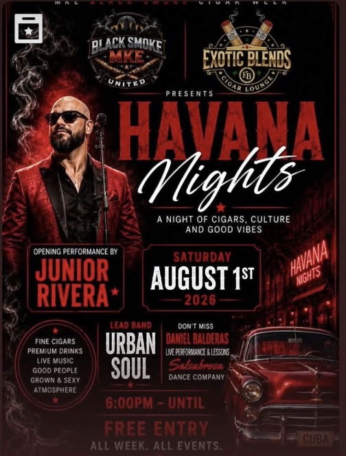 Havana Nights event flyer for Saturday, August 1, 2026 at BSMU Cigar Lounge